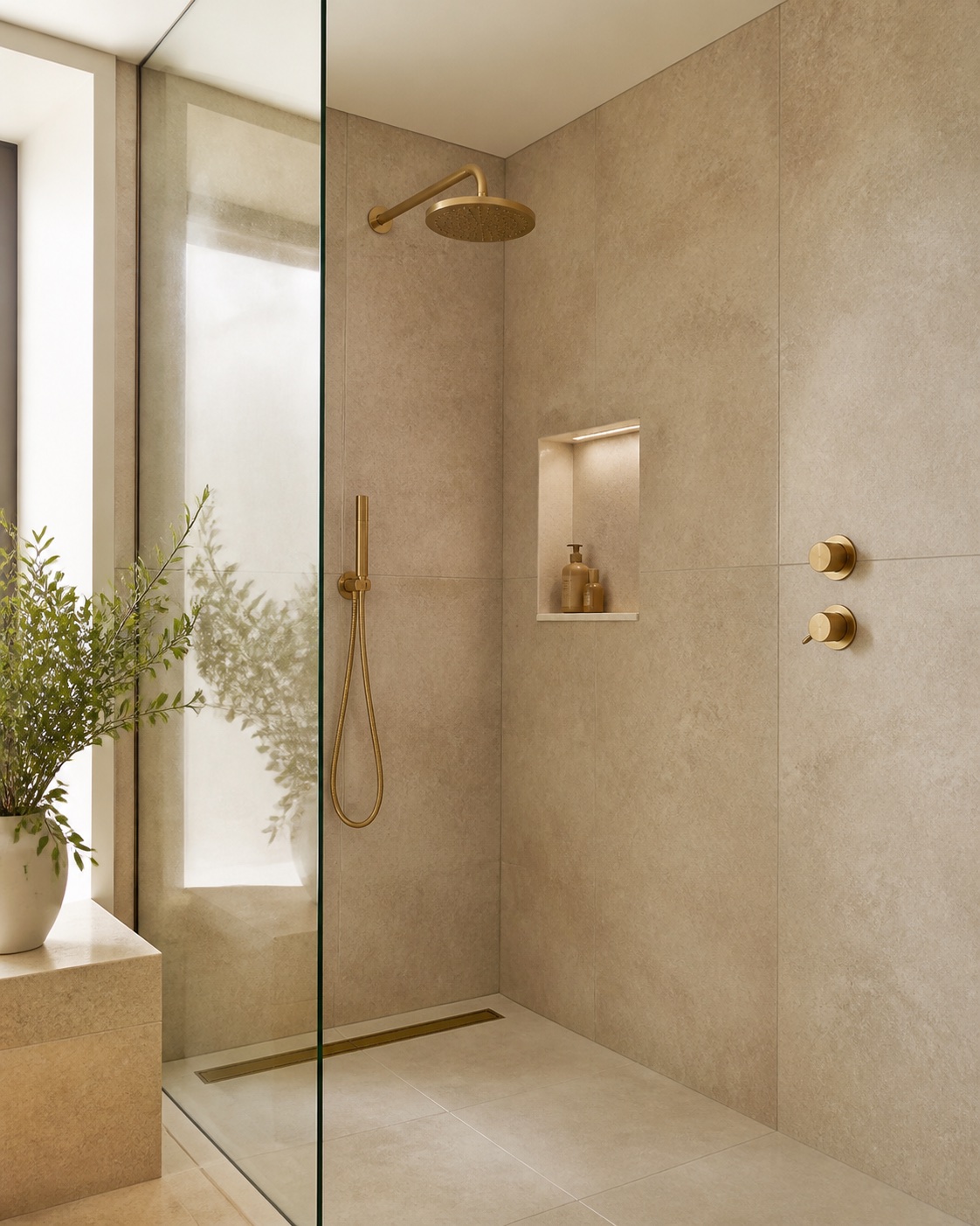Warm stone walk-in shower detail